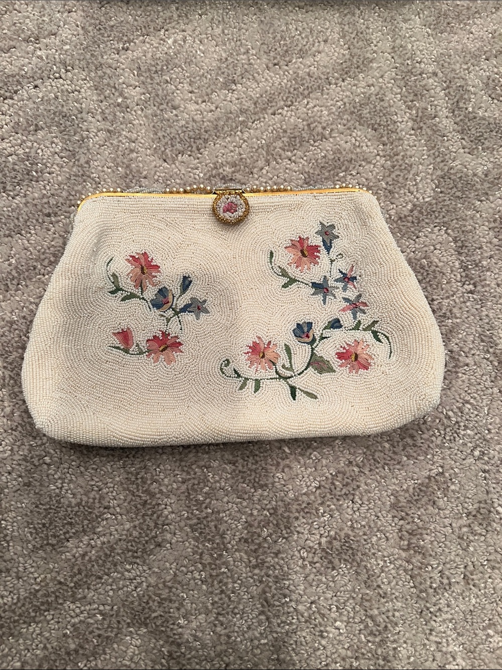 1950s vintage Beaded Cream Floral Clutch with Pink and Blue Embroidery